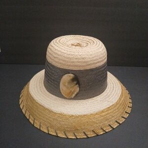 Habdmade Recycled Painted Gold and Gray wuth Horn Accent Straw Hat NEW By RaLa